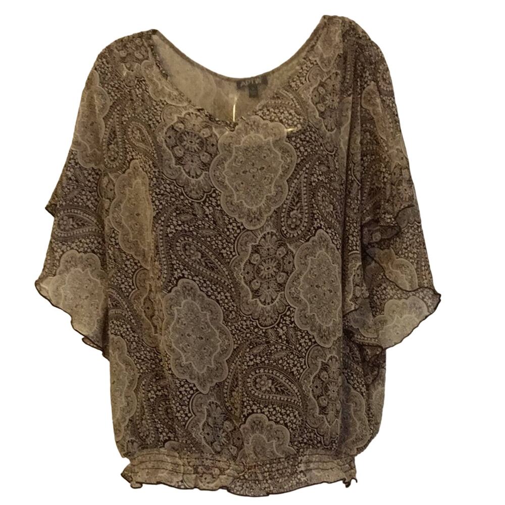 Apt. 9 Medium Blouse Brown & Cream Sheer Layered Paisley Peek a Boo Sleeve